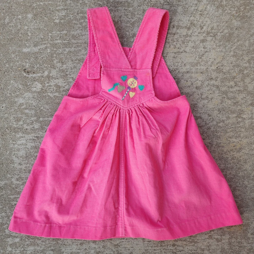 Vintage Joyeux Gamins Happy Kids Pink Corduroy Candy Embroided Dress,‎ Sz 6